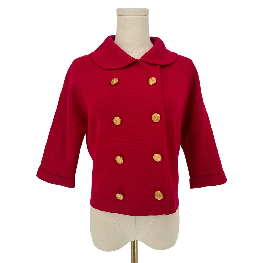 Vintage 1980s Lillie Rubin Knit Blazer Sweater Cardigan Cherry Red Gold Buttons